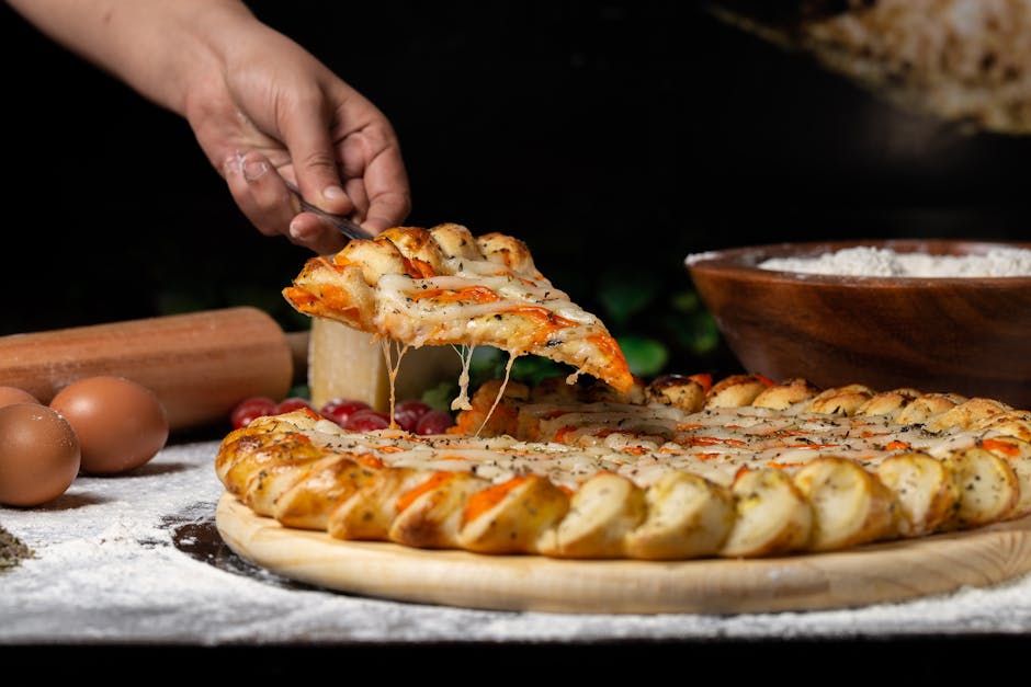 A mouthwatering slice of gourmet pizza being lifted from a wooden board, showcasing crispy crust and melting cheese.